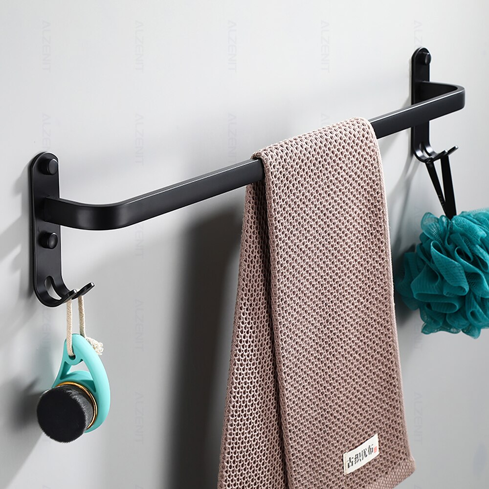 Handdoek Bar 40-60Cm Dubbele Stang Rail Rack Met Haak Wall Mount Holder Badkamer Accessoires Matte Zwarte Douche hanger Aluminium Plank