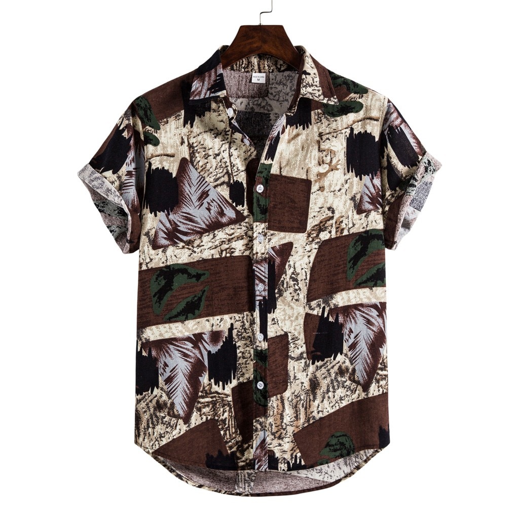 Mens Linen Hawaiian Shirts Tops Summer Ethnic Print Tees Shirt Short Sleeve Shirt Blouse Tops Men Clothing Chemise Homme Shirt