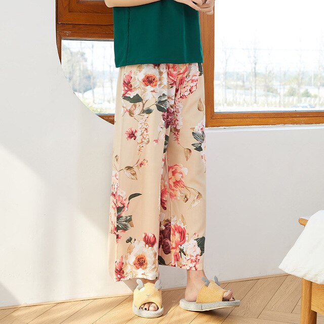 Summer Sleep Wear for Women Pajama Printing Loose Sleep Pants Calf-Length Pants Sleep Bottoms Home Wear: I9