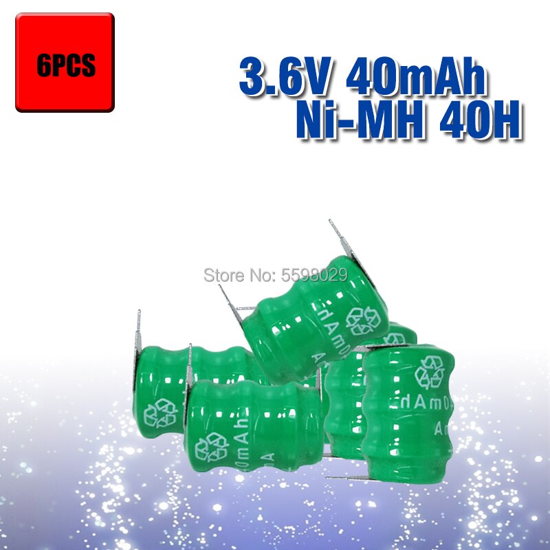 40mAh 3.6V Ni-MH Li-Po Lithium Li-polymer Bateria Batteries Rechargeable Button Coin Cell Battery With Solder Pins: 6pcs