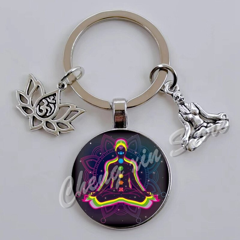 Indian Buddha Meditatie 7 Chakra Mandala Psychedelische Yoga Glas Cabochon Sleutelhanger Ornament
