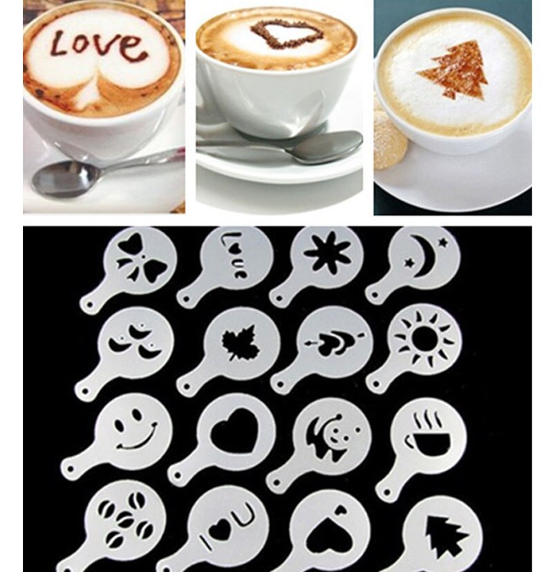 16Pcs Koffie Latte Cappuccino Barista Art Stencils Cake Stofdoek Sjablonen Koffie Gereedschap Accessoires