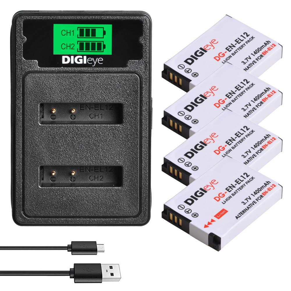 EN-EL12 ENEL12 Battery + LCD Dual USB Charger for Nikon Coolpix A1000 B600 W300 A900 AW100 AW110 S6300 S8100 S9300 P310: 4 battery set