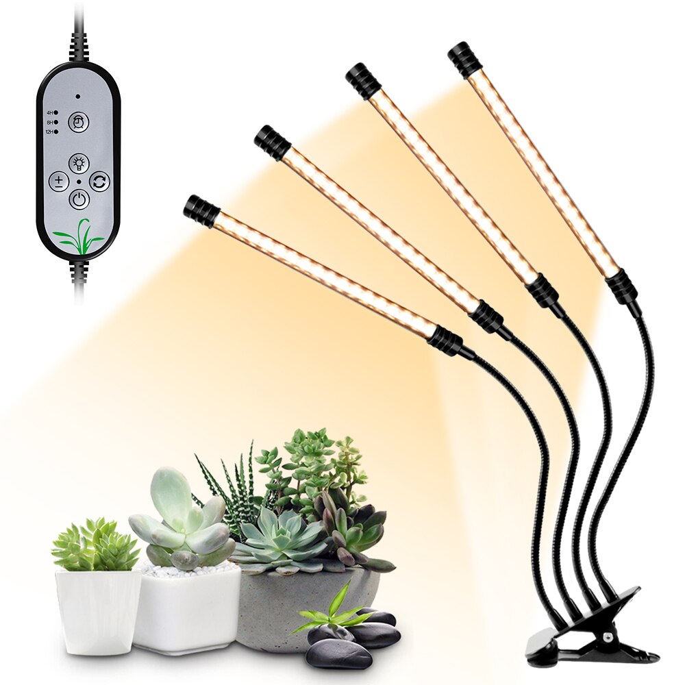 Usb plant odlingsljus solljus vit fullspektrumbelysning bordsklämma odlingslampa för växter 5 dimbara nivåer 4/8/12h timer: 4 huvud