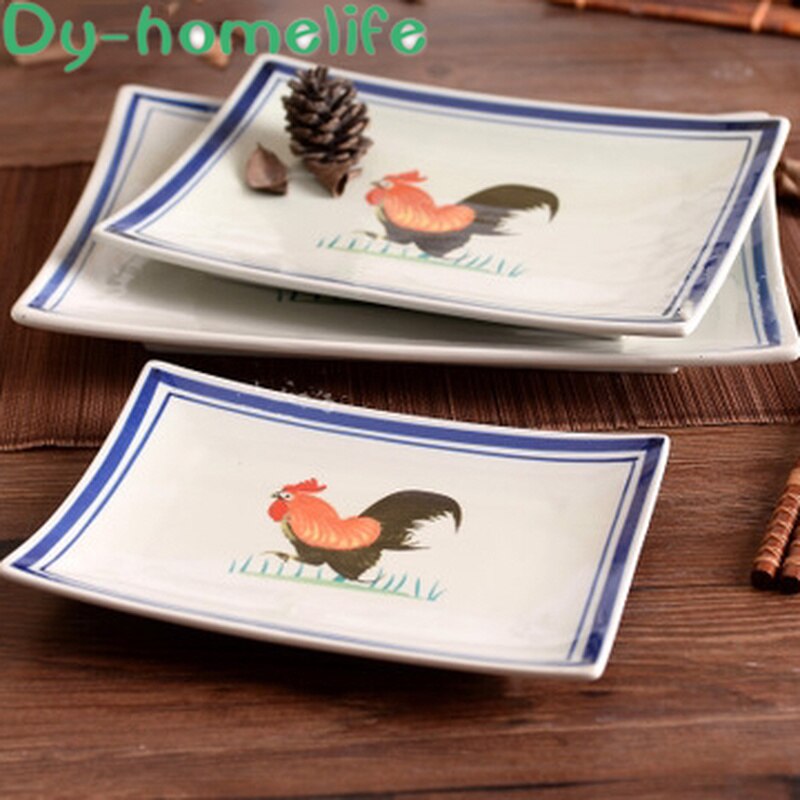 Japanese Style Rooster Figure Rectangular Ceramic Plate Restaurant Household Multi-size Antique Bone China Plate