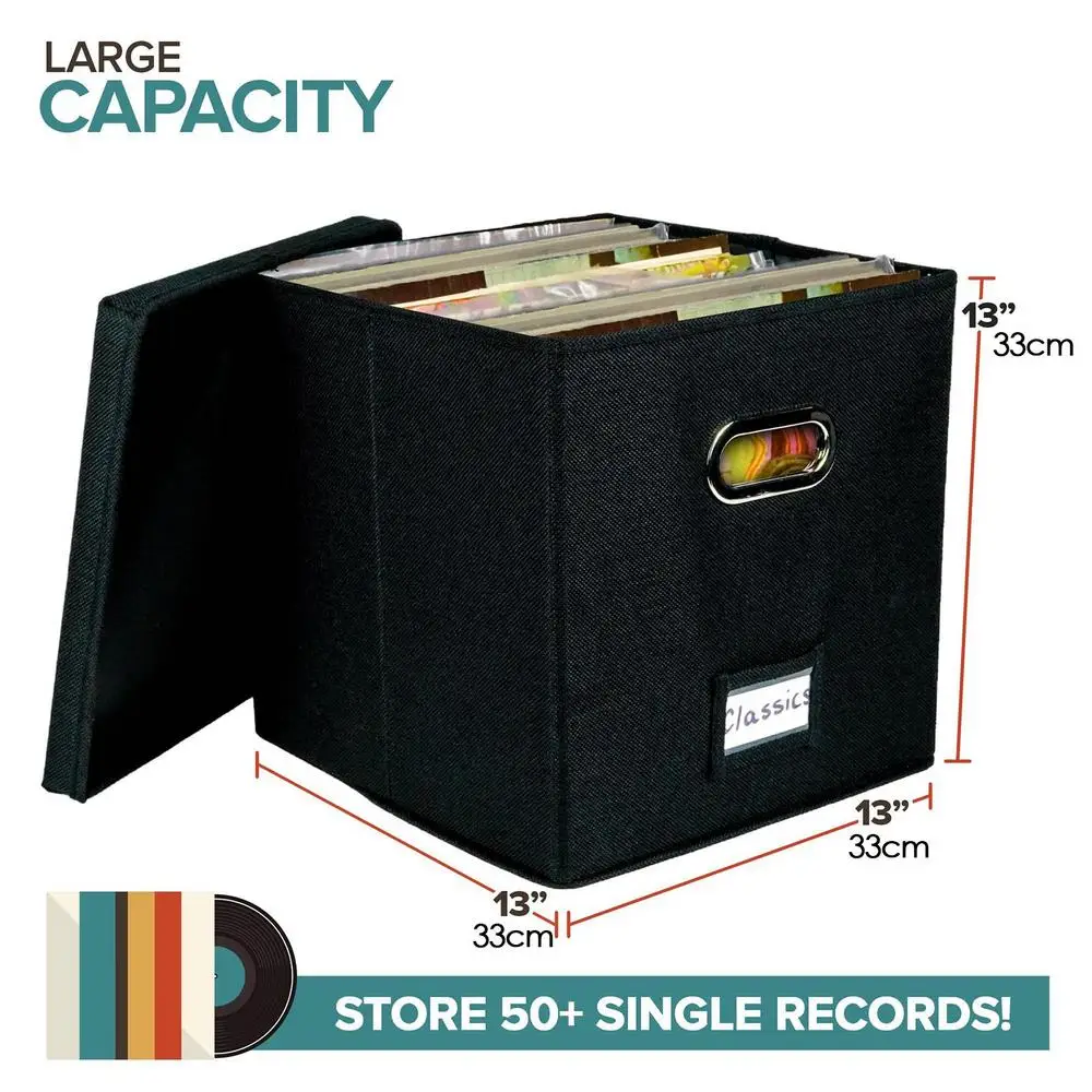Boîte de rangement pour disques vinyles jusqu'à 50+ 12 pouces, caisse pour disques, stockage d'album LP, boîtes de rangement en tissu avec couvercles: Black
