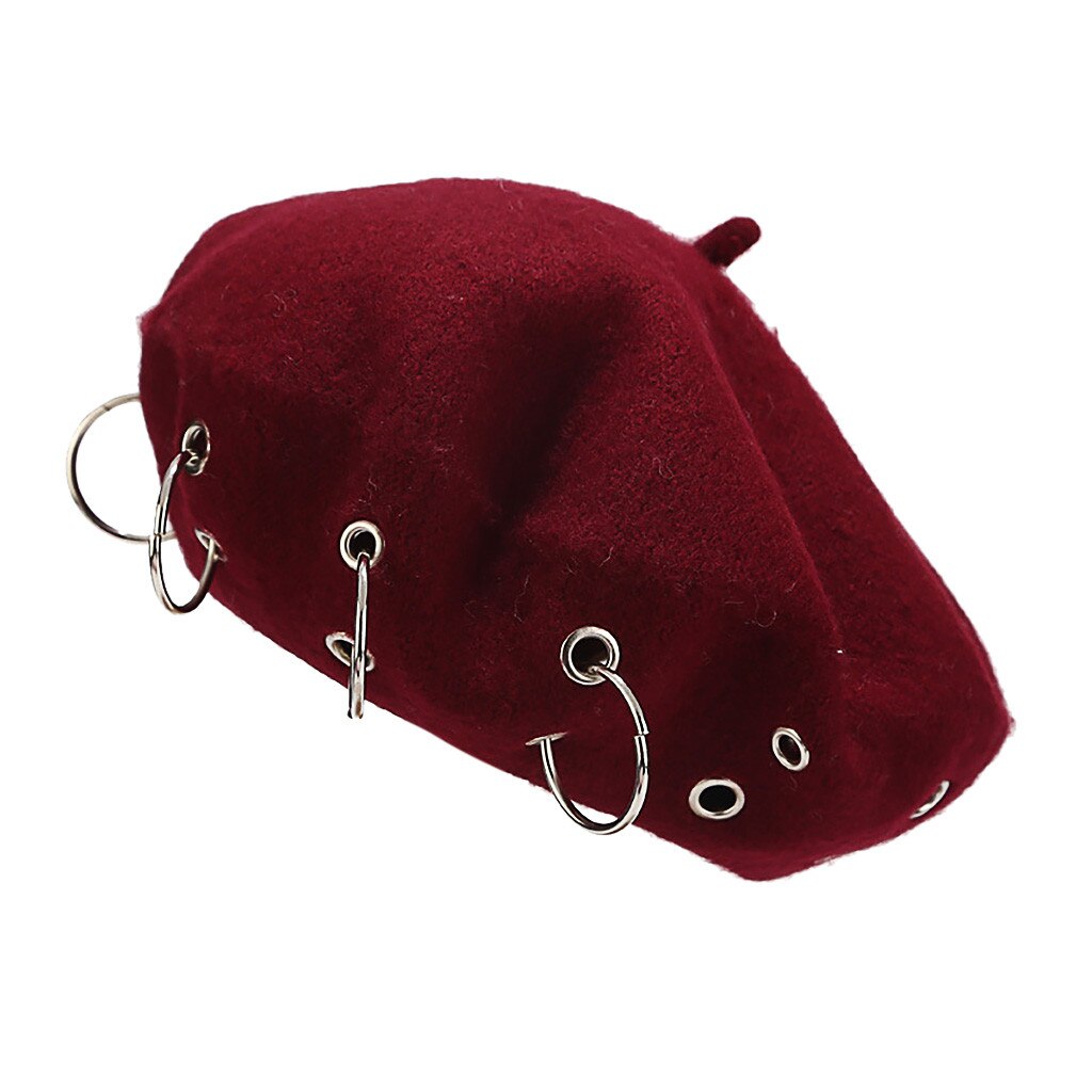 Mode Winter Baretten Voor Vrouwen meisje Punk Rock Stijl Ijzeren Ringen Baret Caps Retro Wol Hoeden Zwarte Wollen Schilder Caps