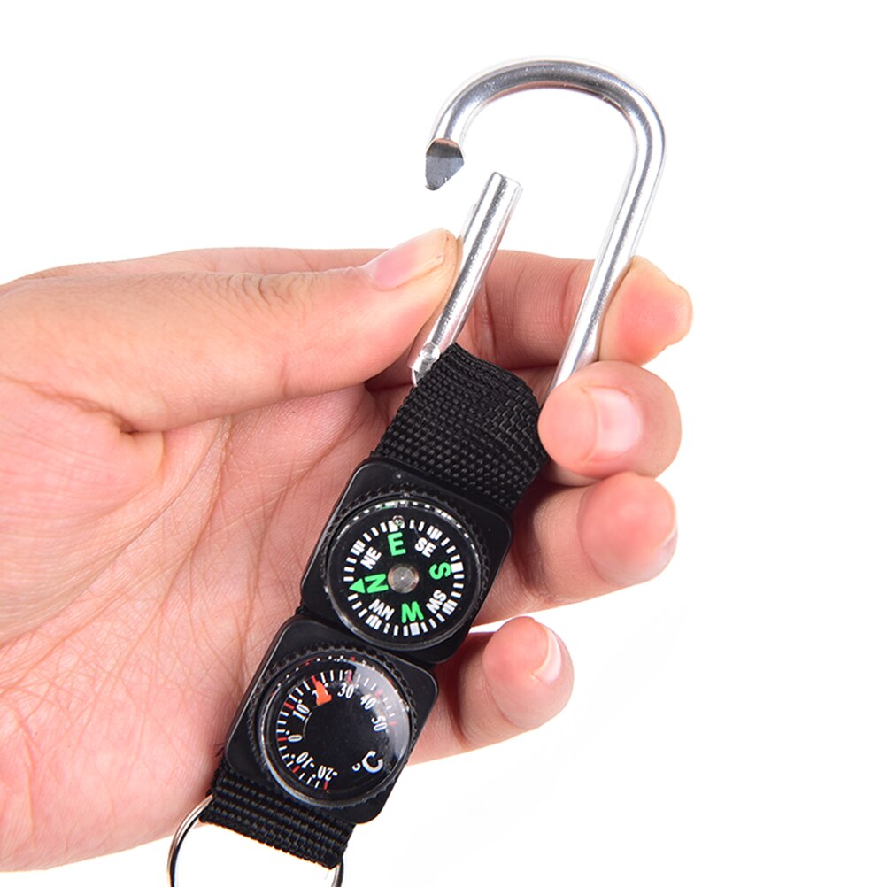 3 in- in-1 multifunctionele kampeer-, klim- en wandelminikarabijnhaak met sleutelhanger, kompas, thermometer, hanger, sleutelhanger, zwart