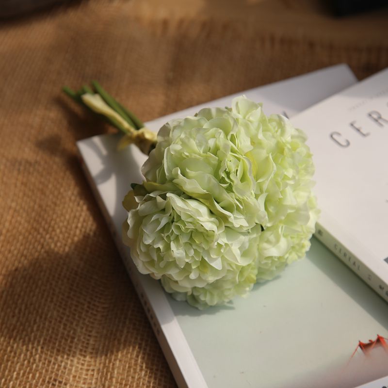 5 hoveder kunstige hortensia blomster silke pæon brudebuket blomsterarrangement til boligindretning bryllupsfest borddekoration: Grøn