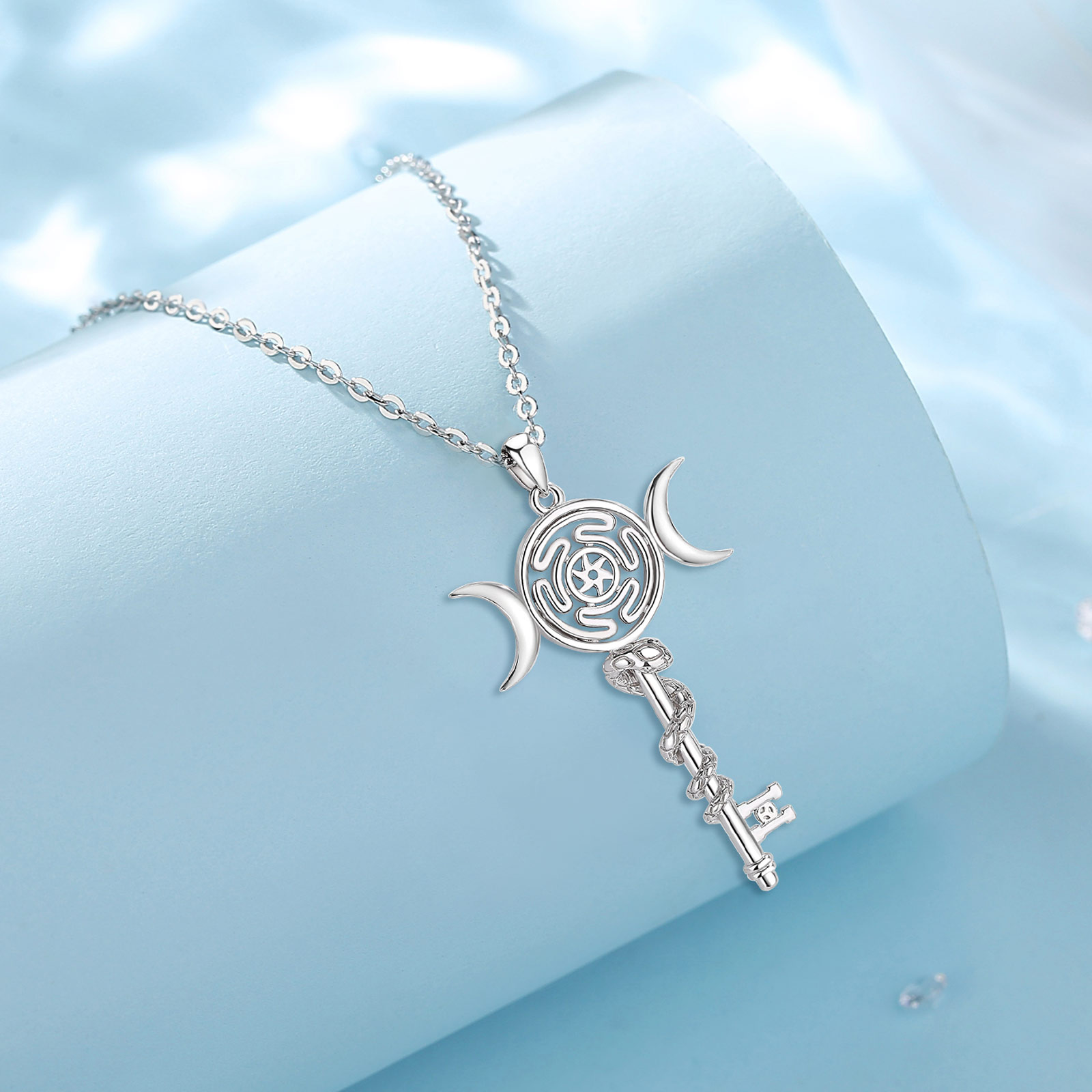 Eudora 925 Sterling Silver Hekate Wheel Necklace for Women Snake Key Triple Moon Goddess Pendant Witch Jewelry Personality