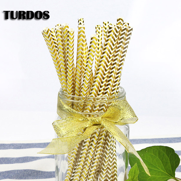 Turdos Biologisch Afbreekbaar Goud Papier Rietjes Bulk, 25-Pack/100-Pack Wegwerp Rietjes Voor Verjaardag/Bruiloft/Baby Shower/Feestartikelen: with gold wave / 50 stks