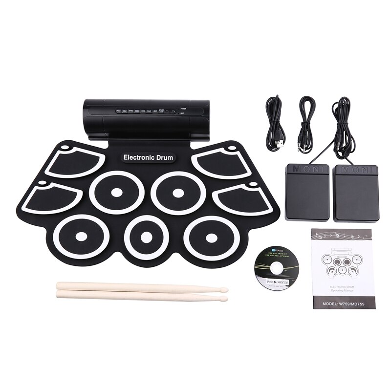 Portable Roll up Electronic USB MIDI Drum Set Kits 9 Pads Built-in Speakers Foot Pedals Drumsticks USB Cable For Practice