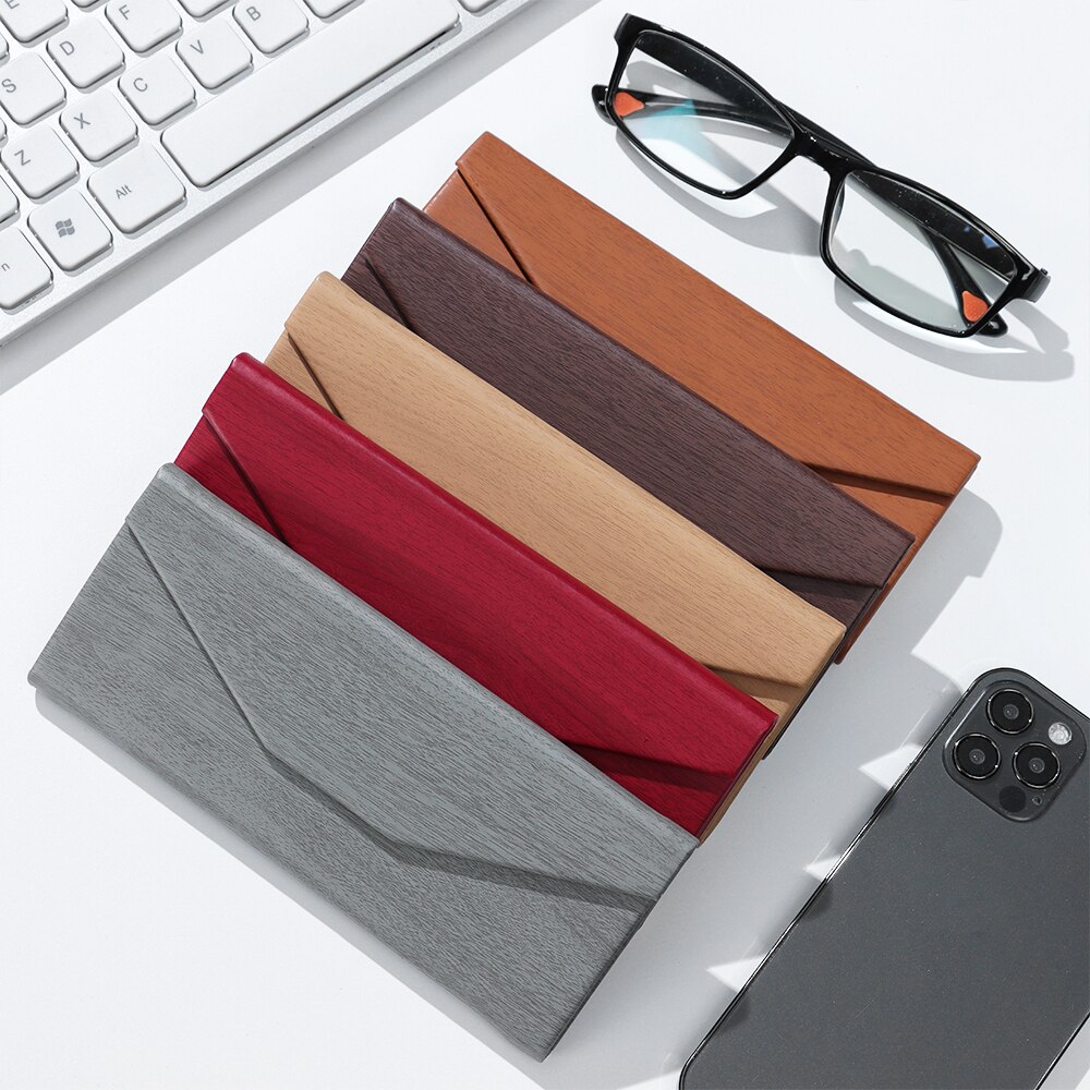 Boîte à lunettes pliante en forme de Triangle à aimant puissant, étui à lunettes étanche en PU, Grain de bois, boîte à lunettes de protection Portable 1 pièce