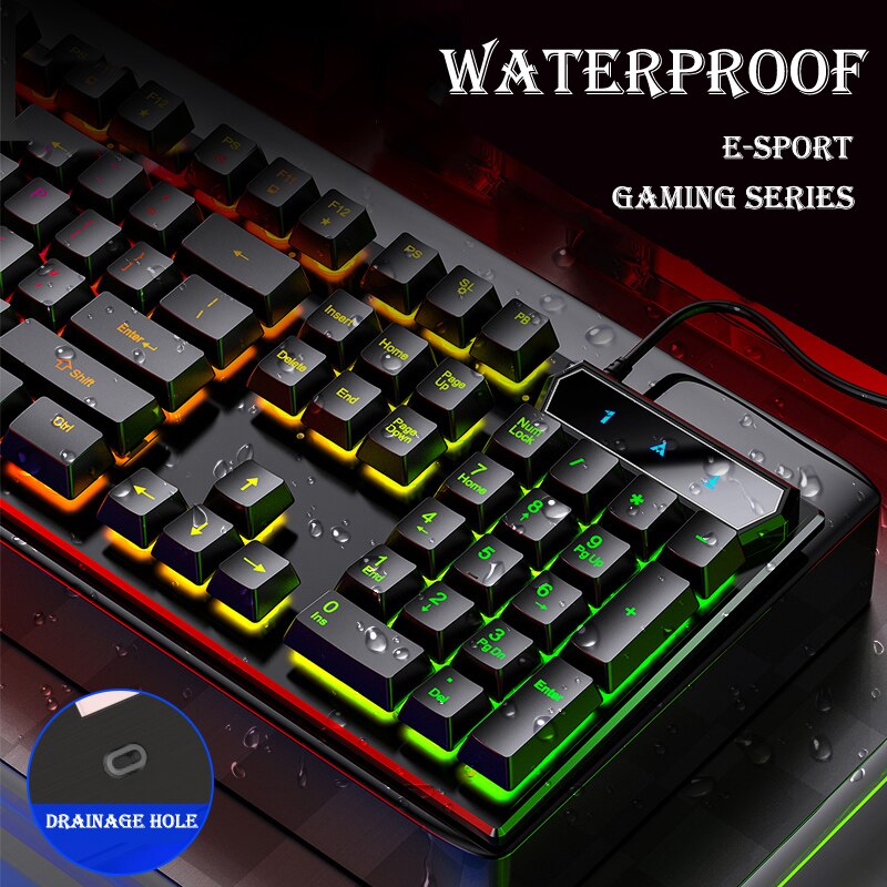 Teclado retroiluminado con cable para juegos, juegos de ratón con cable USB, 104 teclas, RGB mezclado, 3200DPI, para Noteboo