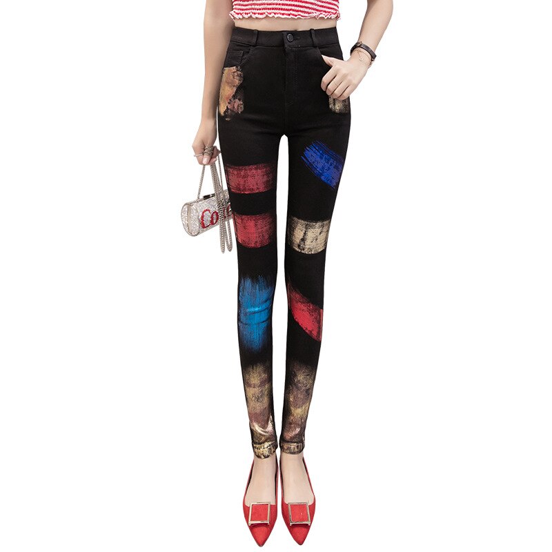 Gold-stamped jeans, summer dress, colour stripes, graffiti trousers, tight elastic straight pants