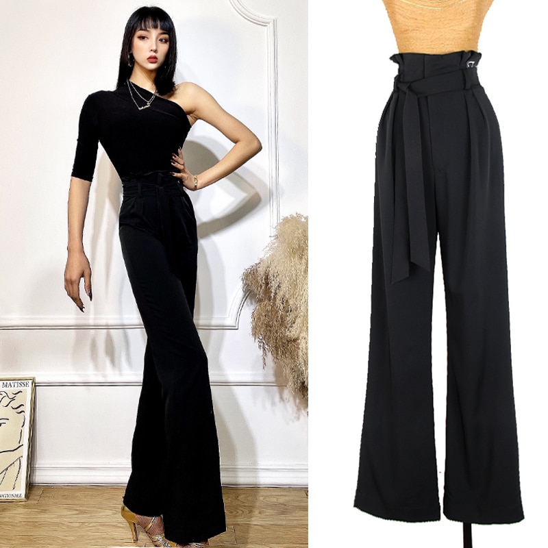 Latin Dance Pants Adult Ballroom Practice Wear Black Trousers Wide-Leg Cha Cha Samba Tap Dance Clothes Women Pants DNV14430