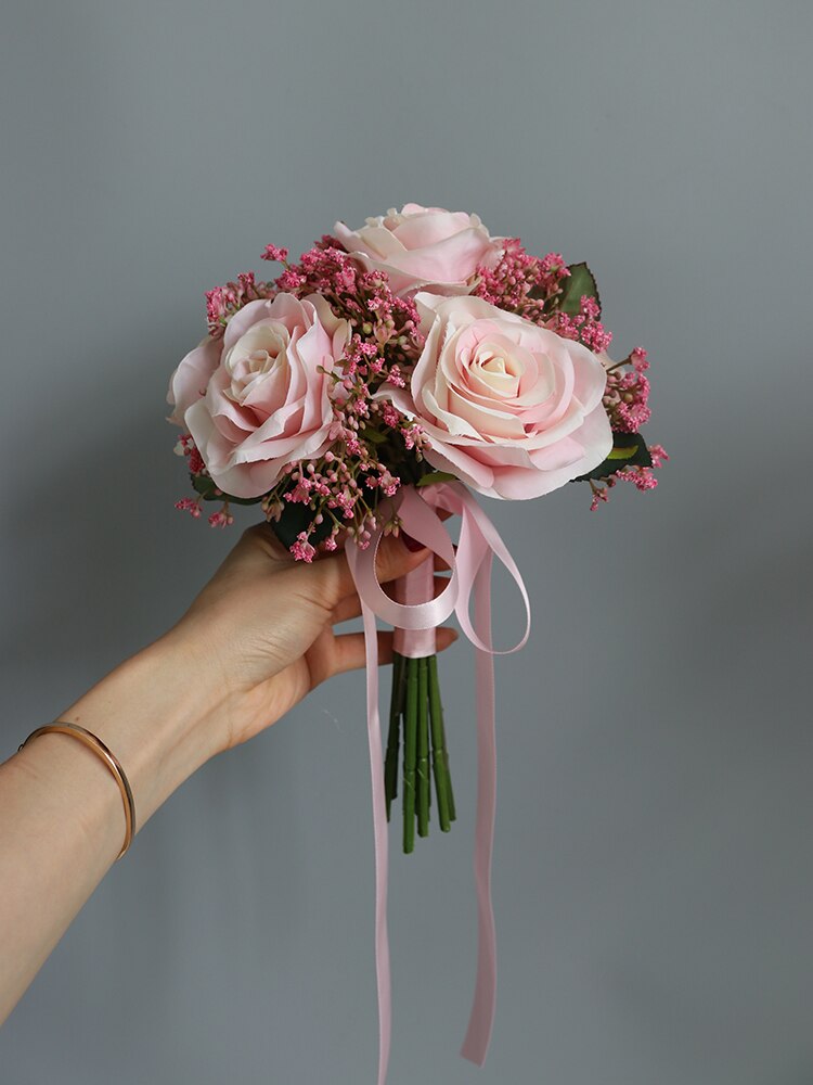 Janevini kunstbloemenmeisjesboeket wit roze blauw roos zijden bruidsmeisjes bruidshandbloemen rood klein bruidsboeket: Roze