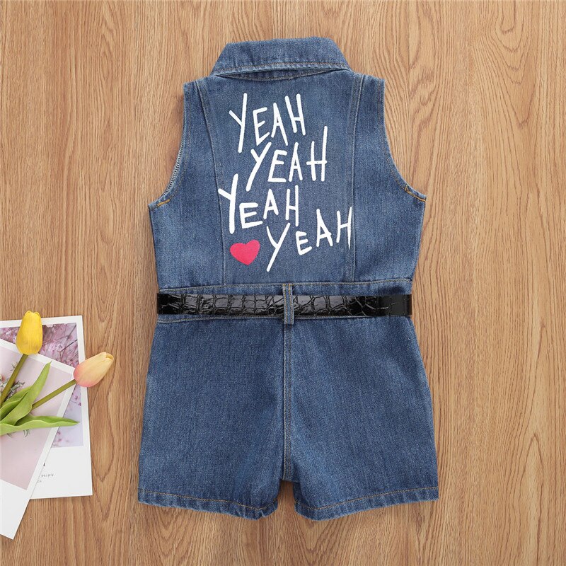 Del bambino Della Ragazza della Lettera di Modo Stampato Denim Salopette Corta Tuta con la Cinghia 2-7Y Capretti Estate Dei Bambini Casual Senza Maniche Etero Tute E Salopette