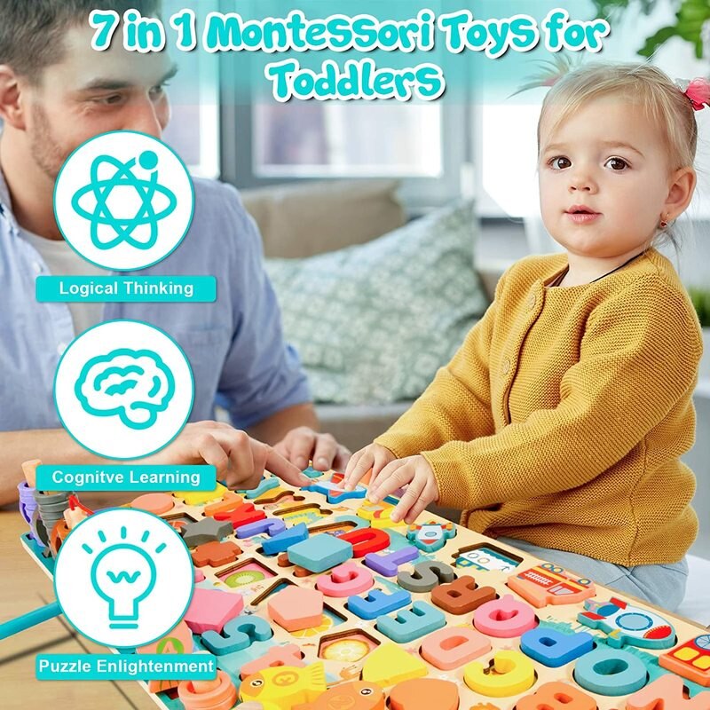 Wooden Montessori Magnetic Puzzle Educational Toy Early Education Shape Color Math Matching Log Board Fishing Puzzle Counting