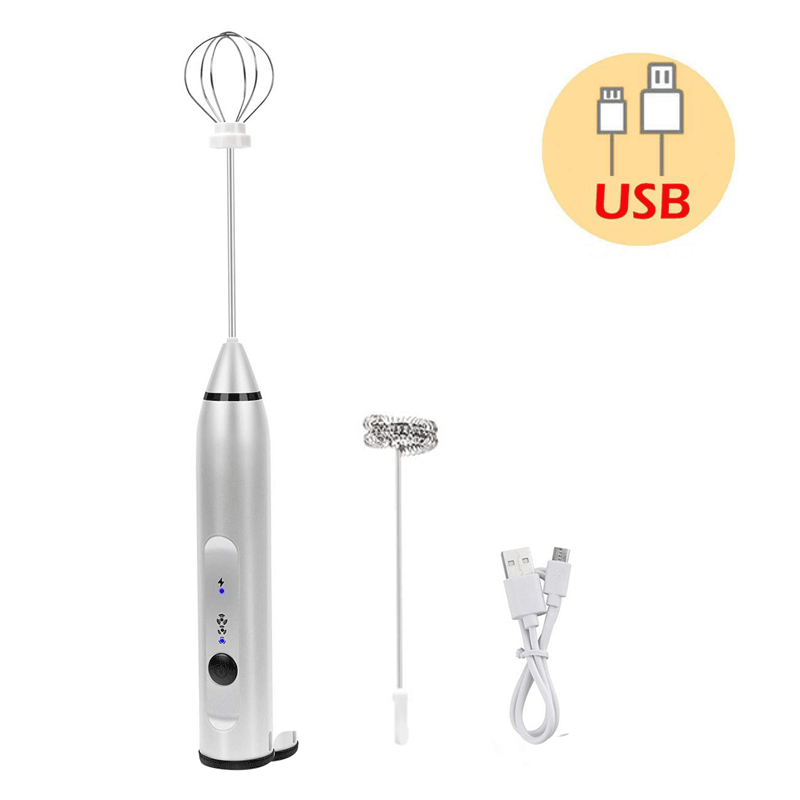 USB elektryczny spieniacz mleka ręczny ekspres robić kawy z 2 stal nierdzewna stalowa sprężyna Eggbeater potężny elektryczny spieniacz mleka: Sliver