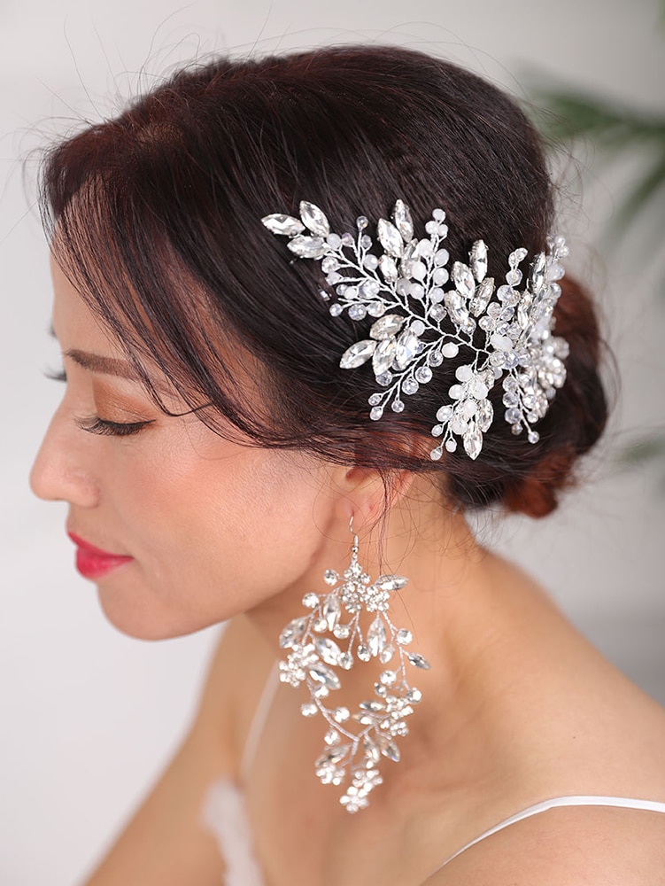 Peinados de boda, tocado de plata, joyas de diamantes de imitación para la cabeza, diadema de cristal y pendientes, conjunto de accesorios para el cabello nupcial