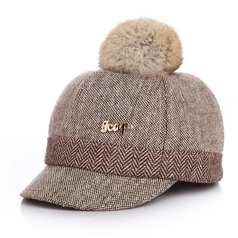 Warm Children Winter Baseball Cap Rabbit Hair Ball Sports Golf Hat Kid Winter Pompon Equestrian Cap For Girl Boy: Coffee / 52cm 2 to 6 year