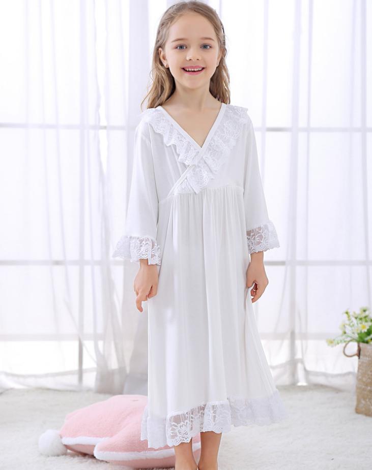 Spring Children's Baby Girl Sleepwear Lace Ruffled Night Dress Vintage Nightgown Kids Home Wear Princess Sleepshirt