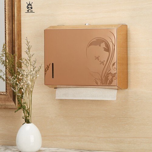 Caja metálica de pañuelos de papel, dispensador de toallas de papel, oro, baño público, pared doble de acero inoxidable, montada en la pared, sin perforación, FH020: Style 1