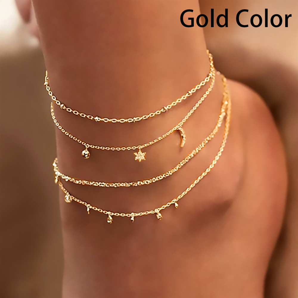 FNIO-Conjunto de tobilleras con dijes bohemios para mujer, pulsera de tobillo con luna y estrella en la pierna, cadena de pie, joyería de playa femenina: Color amarillo dorado claro