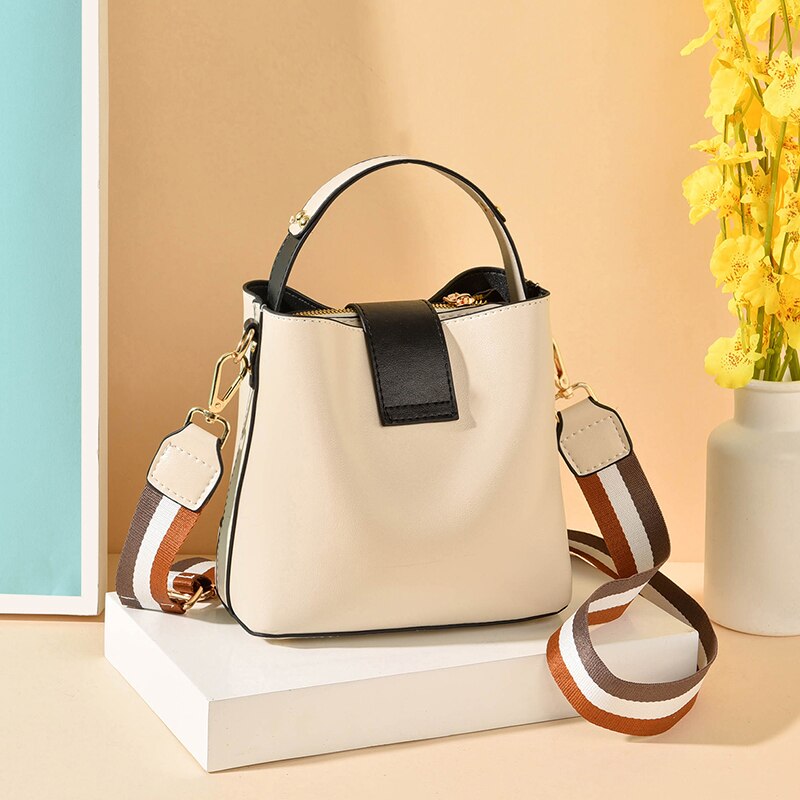 neue Frauen Tasche mit Bunten Strap Eimer Tasche Frauen PU Leder Schulter Taschen Damen Crossbody Messenger Taschen