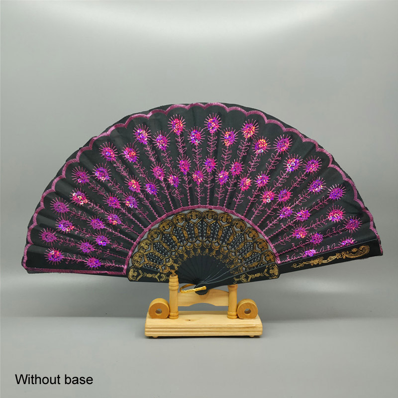 Art Folding Tail Feather Plastic Bone Sequins Carved Hand Fan Summer Accessory Crafts Print Home Decor Embroidery: black pink