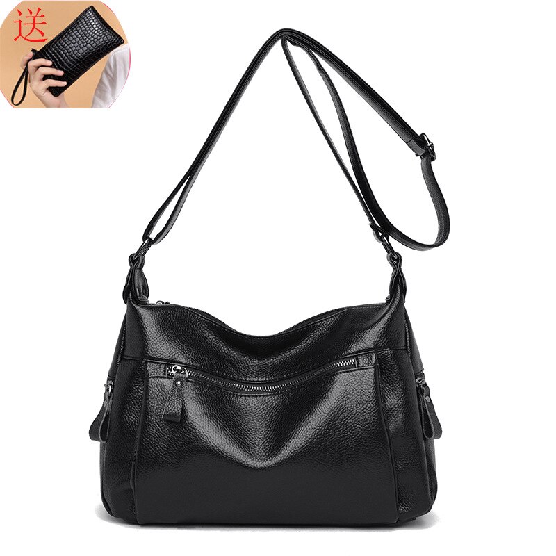 Koreaanse Leisure Een Schouder Messenger Bag Voor Vrouwen Zachte Lederen Tas Voor Middelbare Leeftijd En Oude Vrouwen: Black Gift Bag