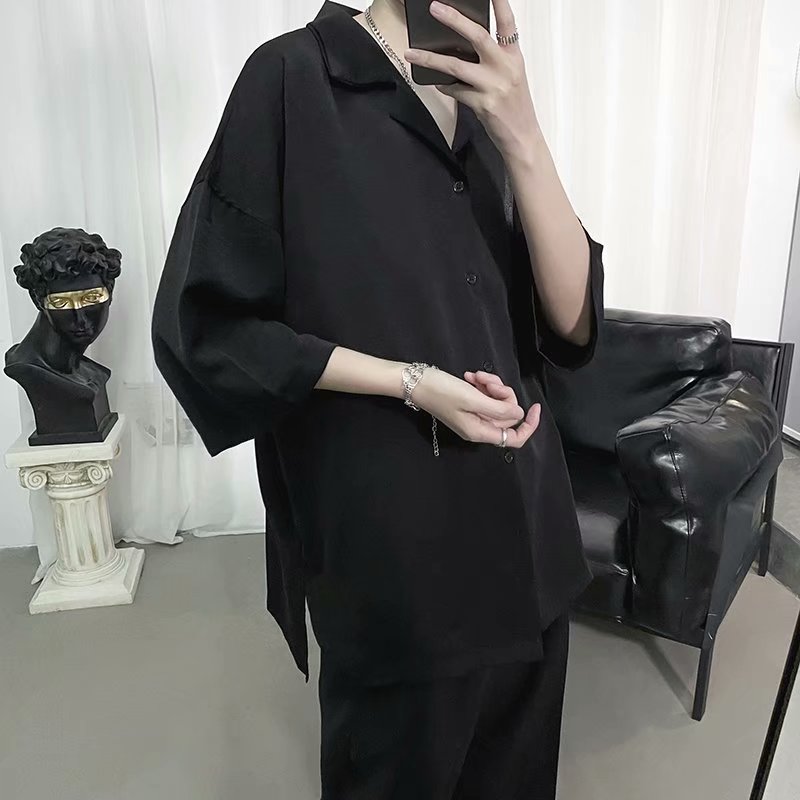 Camisas manga de verano de tres cuartos para hombre, cuello vuelto, lado posterior, corte coreano, estilo Harajuku suelto, combina con todo, ropa de calle Chic