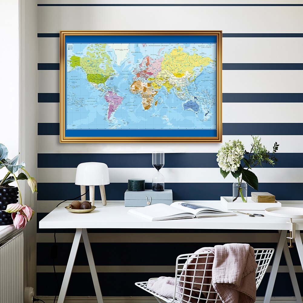 90*60cm The French World Map Political Map Wall Art Poster Canvas Painting Living Room Home Decoration School Supplies