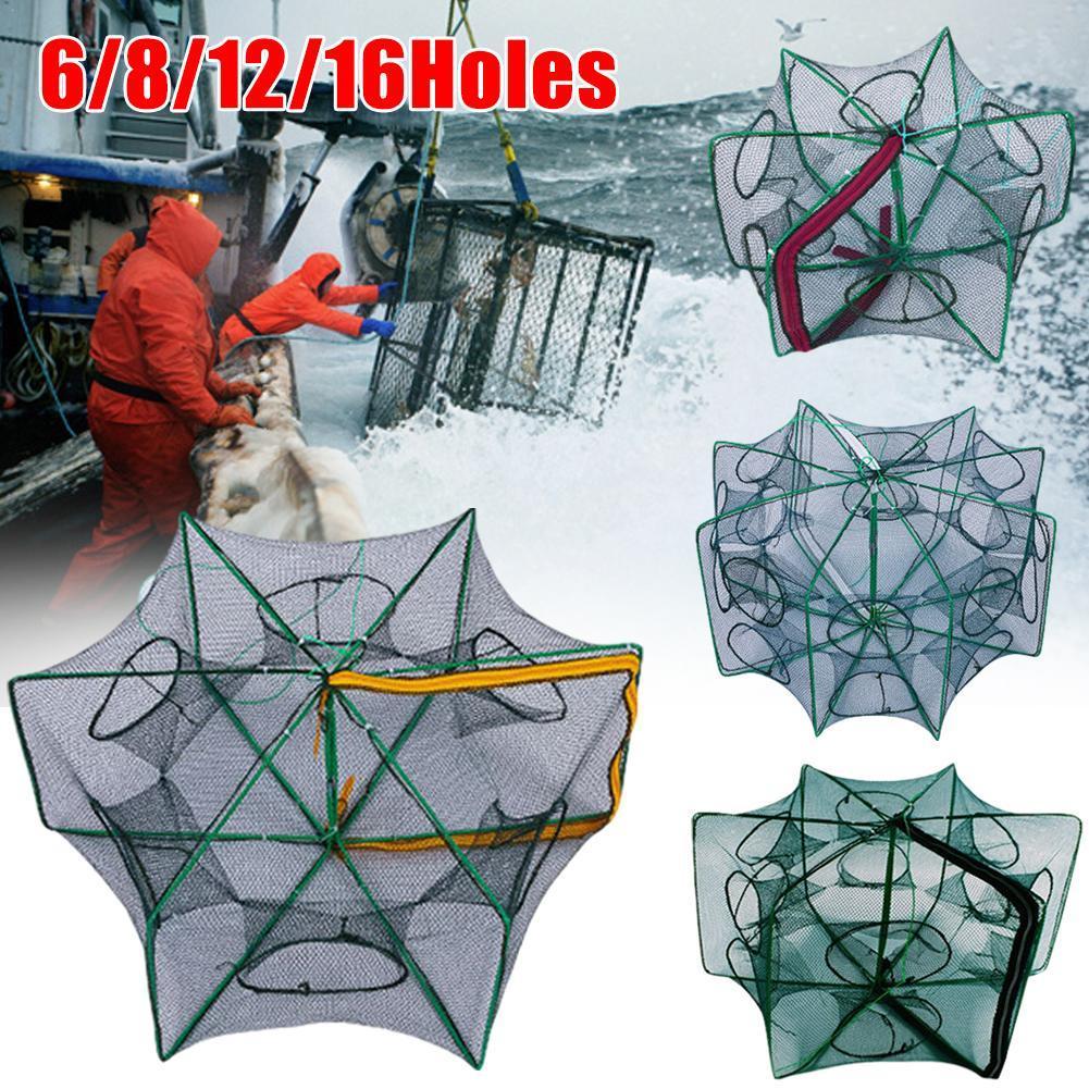 6/8/12/16 Holes Folded Portable Hexagon Fishing Net Crayfish Fish Automatic Trap Shrimp Carp Catcher Cages Mesh Nets CrabTrap