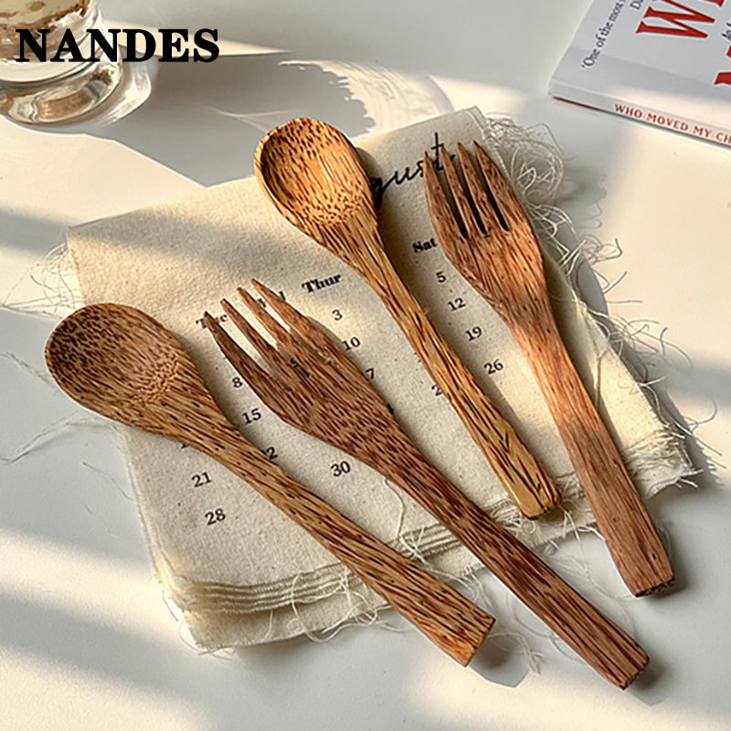 Natuurlijke kokosnoot houten handgemaakte lepel vork mes voor eten voor dessert fruitsalade mengen houten handgemaakt kokosnoot servies