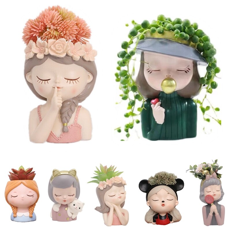 Sweet Girls Clay Flowerpot Silicone Mold Art Sculpture Flower Pot Concrete Cement Resin Molds Pen Storage Box Making Mould