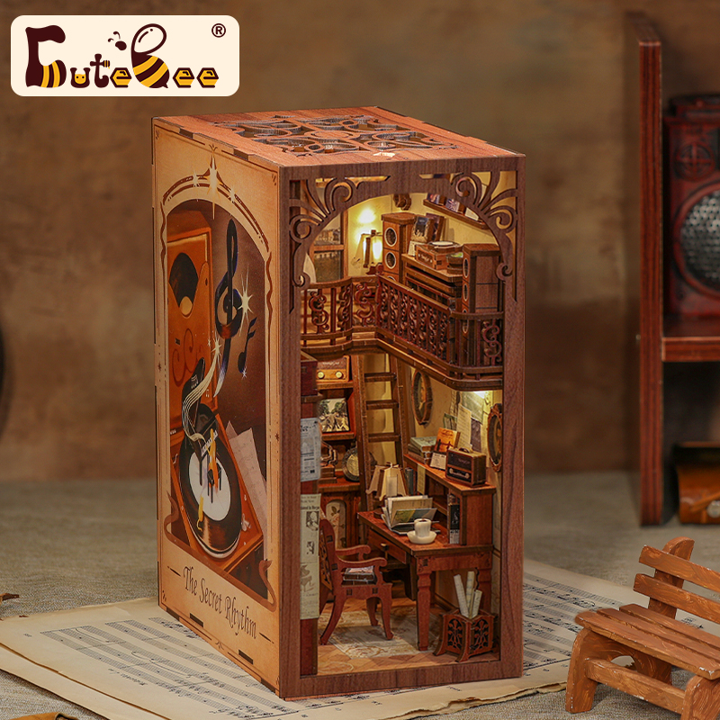 CUTEBEE Puzzle 3D DIY Book Nook Kit Wooden Bookend with Touch Light Secret Rhythm Music Booknook Building Decoration Model