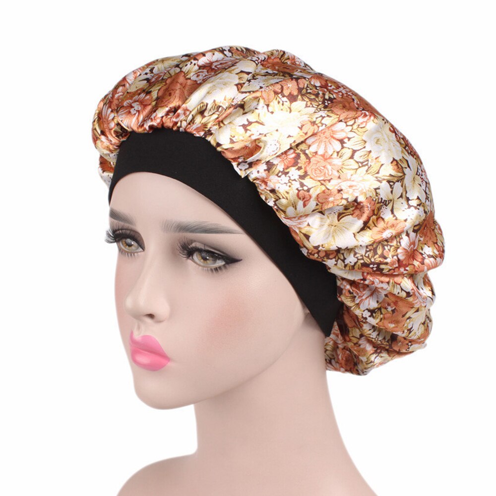 58 Cm Mode Vrouwen Satijn Nachtrust Cap Haar Motorkap Hoed Douche Caps Zijde Head Cover Brede Elastische Band: little flower