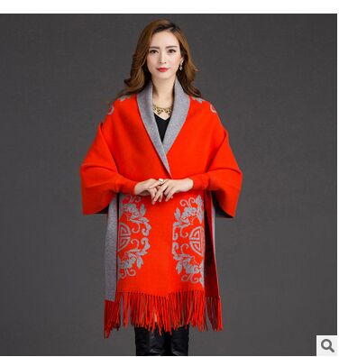 de para mujer Otoño Invierno Warmv patrón de flores Slit mezcla de lana a cuadros manta capa de Poncho abrigo chales con borlas bufanda: orange grey