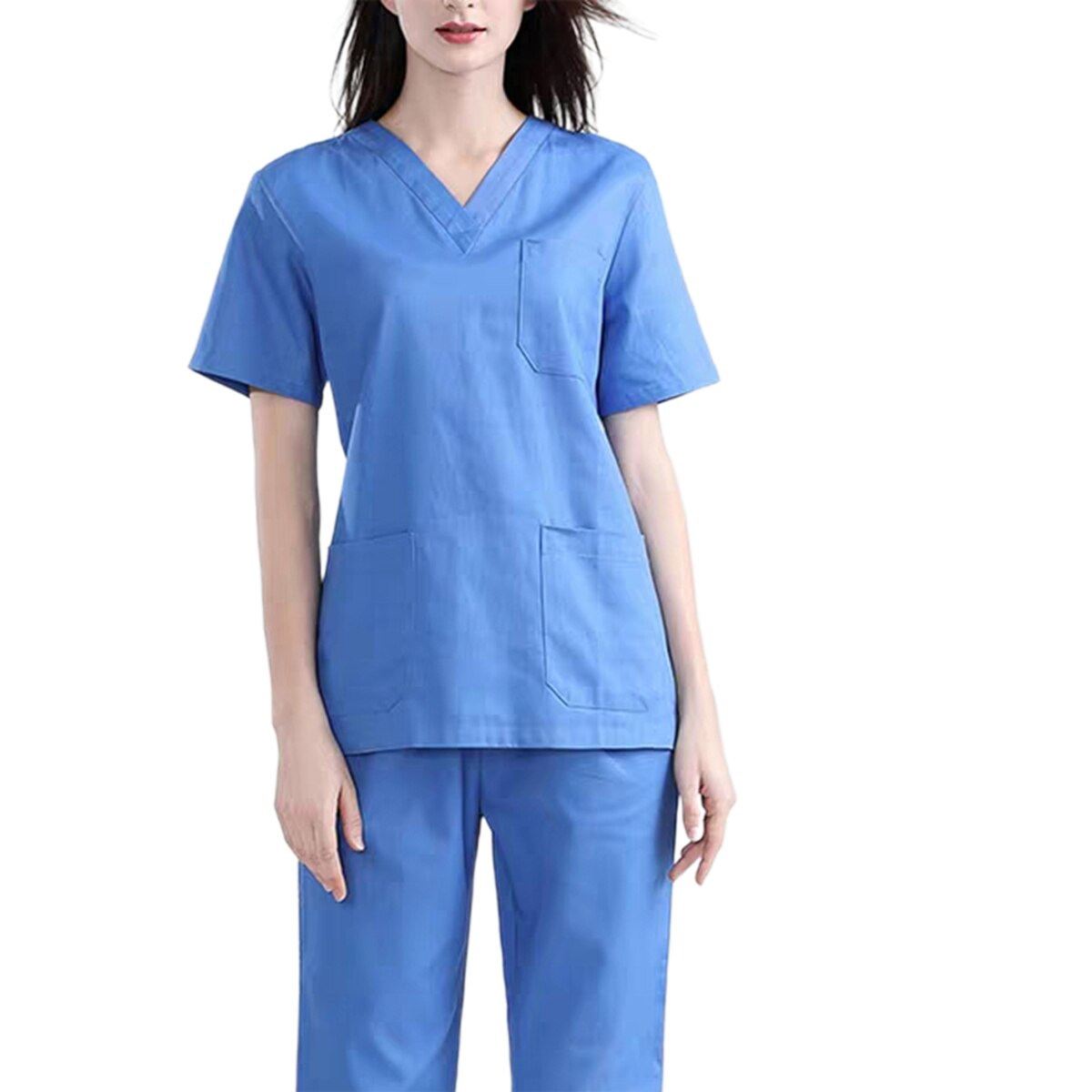 unisex Arbeit Tragen Uniformen Peeling Weiche Kurzarm Atmungsaktiv V-ausschnitt mit Taschen Kleidung einstellen: Frauen Blau / S