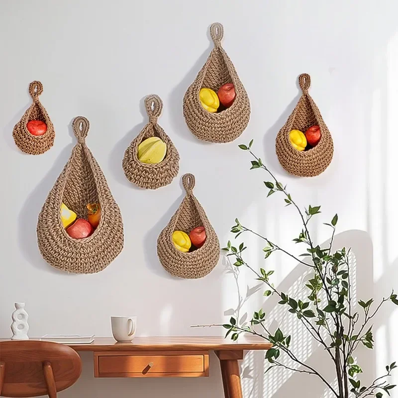 Hangende muur groente fruitmand organisator container decor voor keuken tuin mount muur plant bloem ui opslag handgeweven