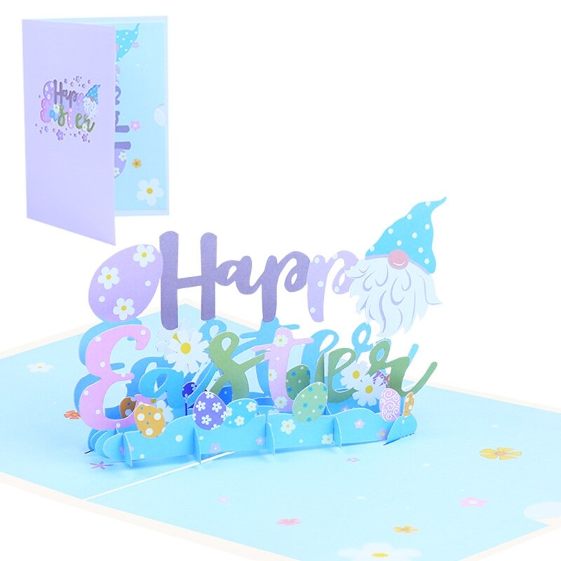 3D Pop Up Cards Happy Easter Greeting Cards Flower Gnome Egg Postcards with Envelope for Easter Day Handmade