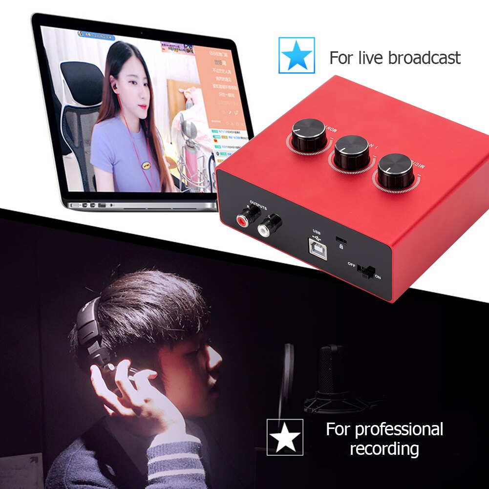 AU11-R Portable Audio Interface Card Converter Mixer External USB Sound Card for Studio Recording Microphone Live