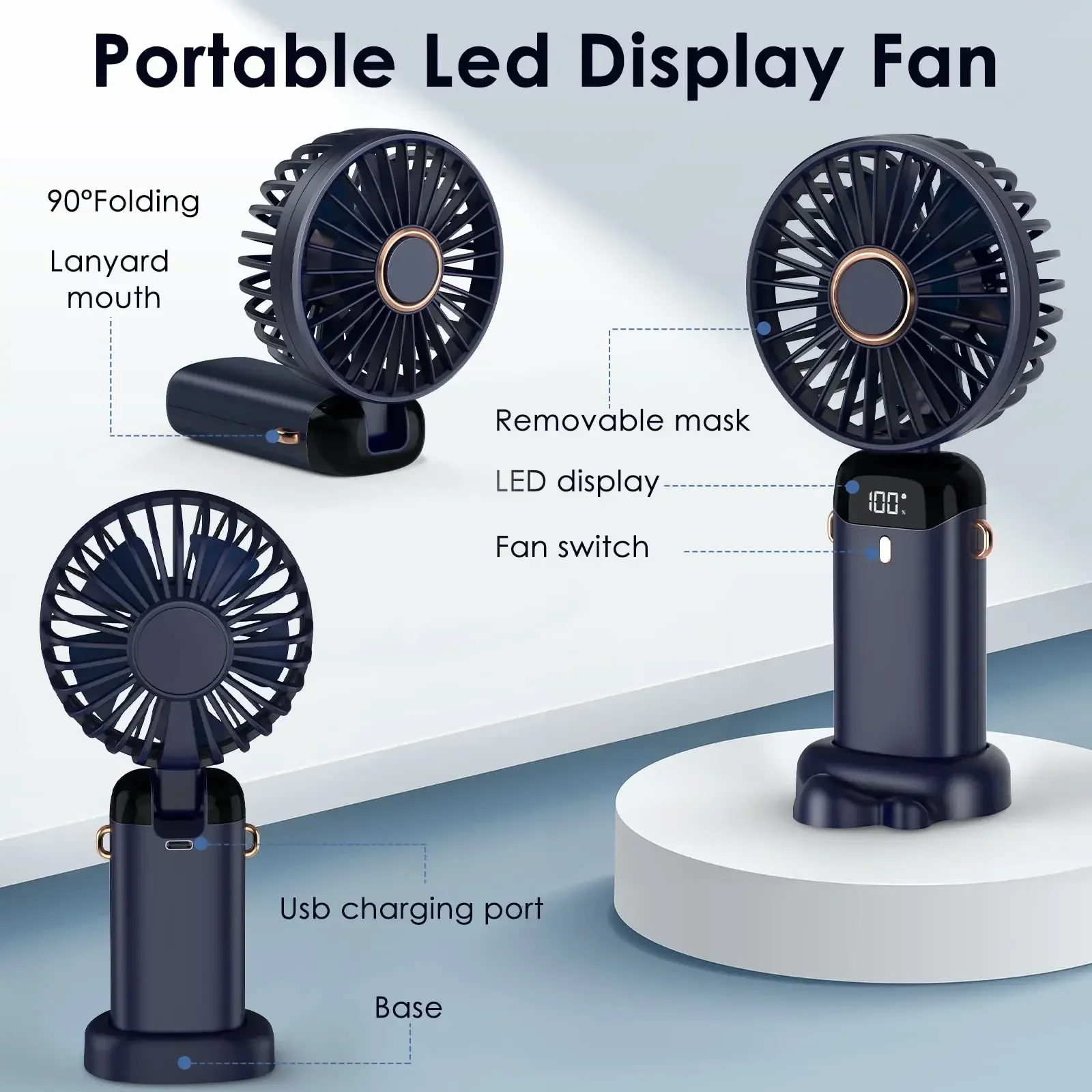 Ventilador Portátil 5000mAh Recargable 90 ° Mini aire acondicionado plegable de 5 velocidades, ventilador pequeño, enfriador de aire con pantalla digital LED