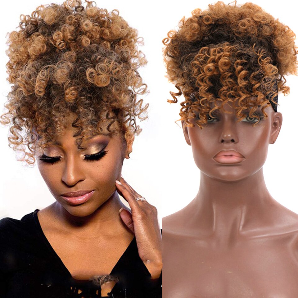 HOUYAN African chignon with bangs curly synthetic natural high temperature fluffy ponytail for women: 1BT30