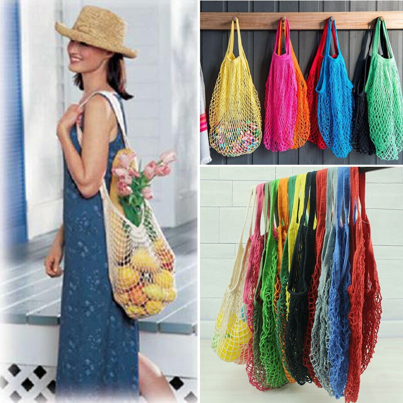 Grand cabas de courses réutilisable, sac de courses en coton et mailles tissées à réutiliser pour courses en épicerie avec bandes pour fruits