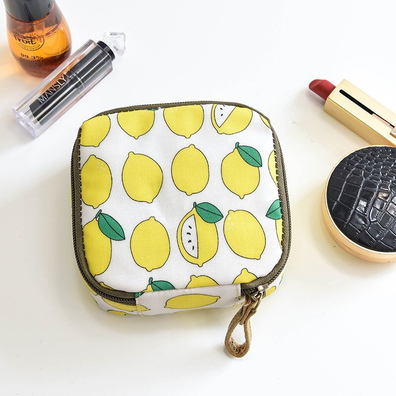 Kvinders hygiejnebind kosmetikpose opbevaringspose stor kapacitet rejse sød enkel japansk sanitets lynlås taske arrangør: Lille citron