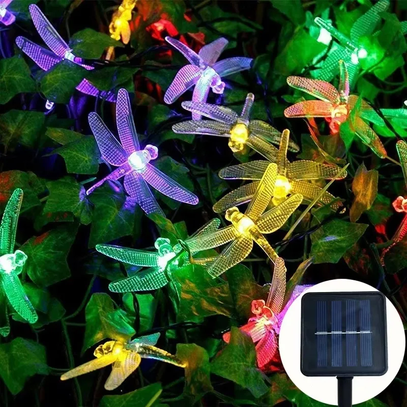 Luzes de corda de libélula solar 20led luz de fadas guirlanda iluminação de férias para casamento ao ar livre jardim árvore pátio festa decoração