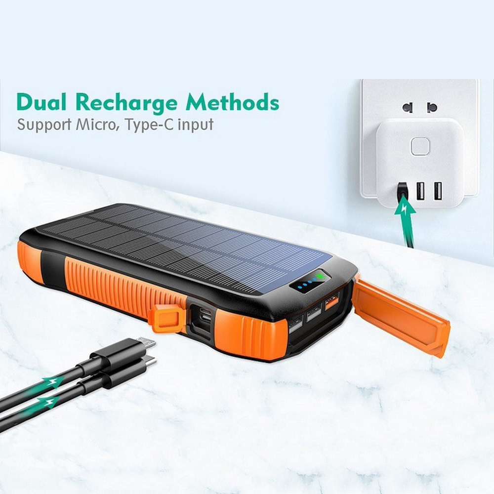 Solar Power Bank Waterproof 33600mAh Charger USB Ports External Waterproof Polymer Battery Charger Powerbank with LED Dual Light